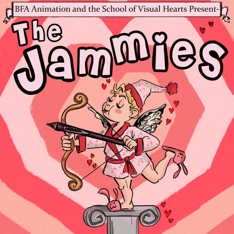 A promo image for BFA Animation's event "The Junior Jammies." A cupid poses on a pedestal with a bow and arrow in a red and pink bathrobe and matching hat. The backdrop is a heart illustration that ripples in different shades of pink.