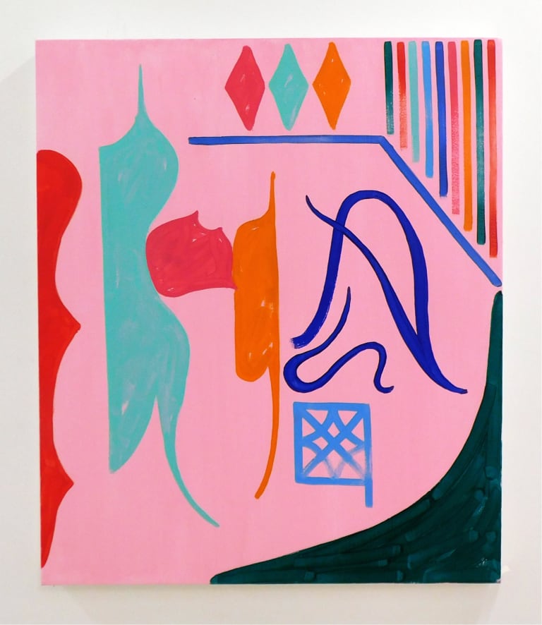 an abstract painting of blue, red, orange and teal shapes and lines on a pink background