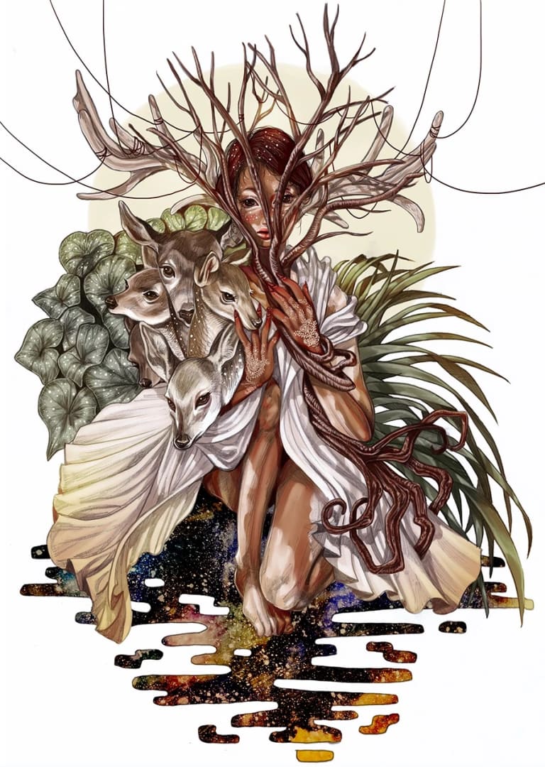 An illustrated fantastical image of a woman surrounded by deer in a magical-looking forest.