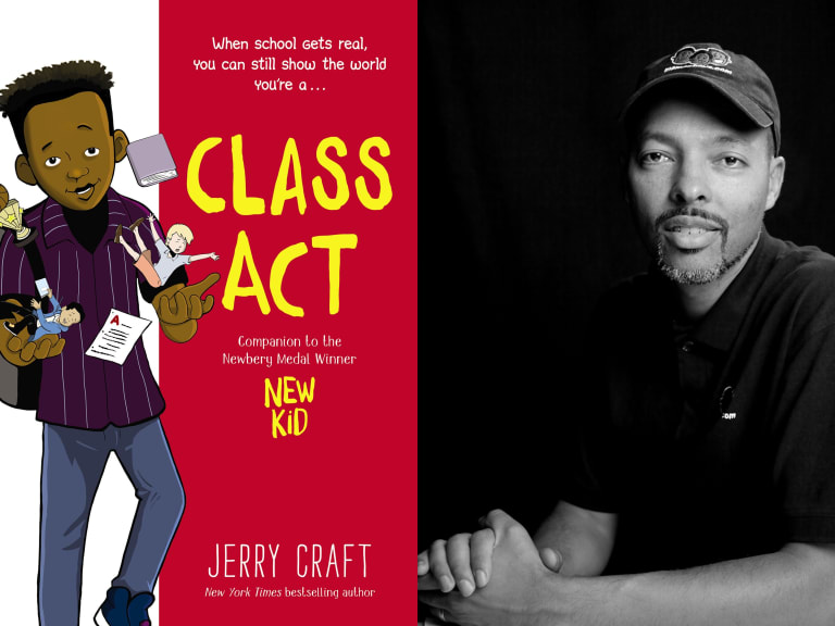 Two images side-by-side: on the left is a book cover featuring an illustration of a middle-school student juggling a book, an assignment, and several miniature versions of his fellow students; on the right is a black and white photograph of a Jerry Craft smiling and looking at the camera.