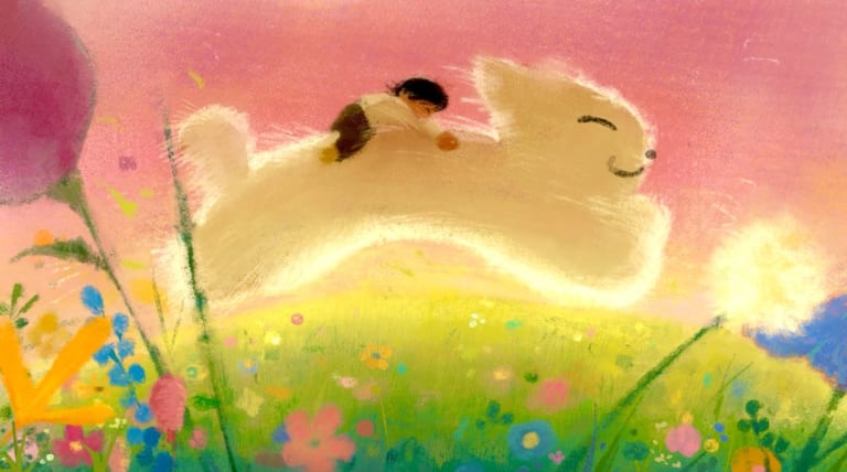 A young girl joyfully rides on a large white dog, capturing a moment of playful companionship in a vibrant painting.