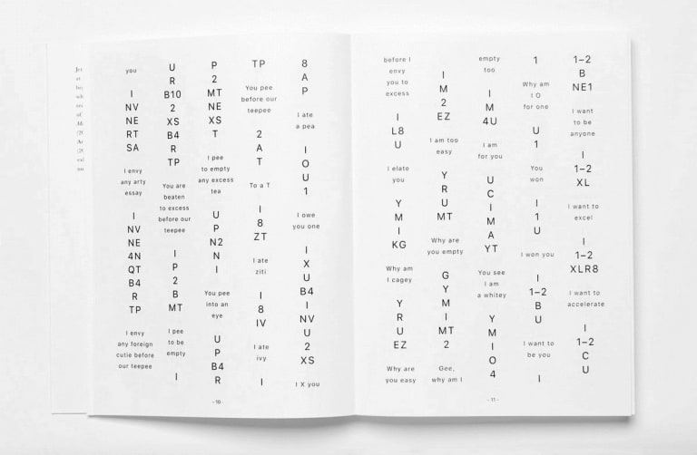 Two pages from a book by poet jeremy Sigler showing four columns of letters and words per page