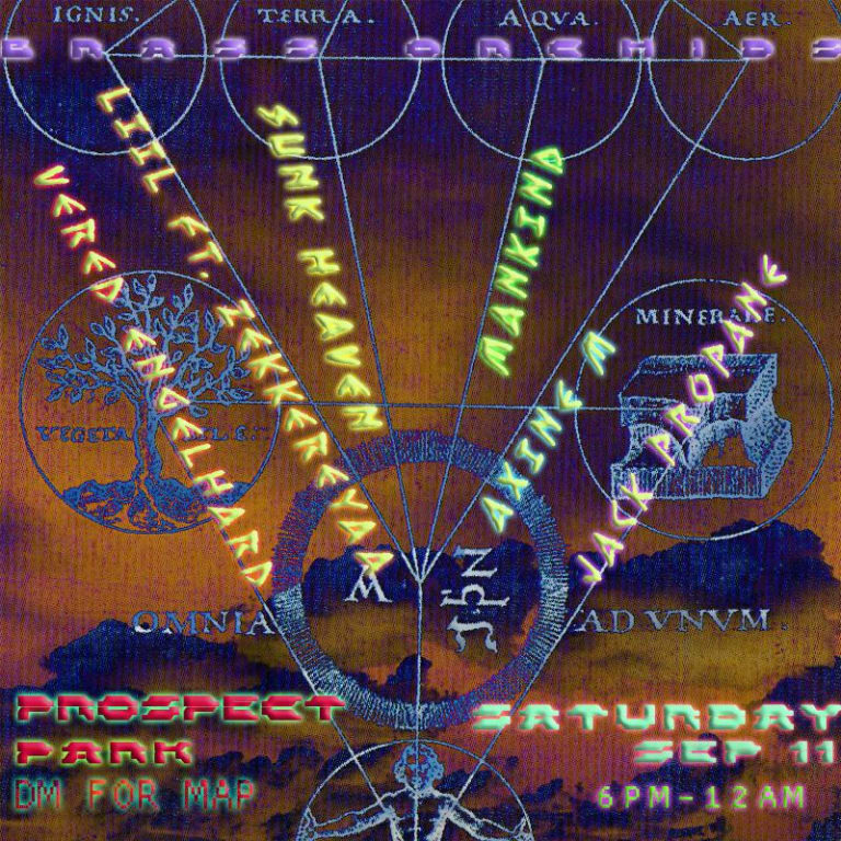 A flyer announcing Julia Santoli's upcoming performance event in Proepect park, with the names of the performers arranged in a diagonal fanlike display over a dark orange and purple sky with various alchemical diagrams superimposed 