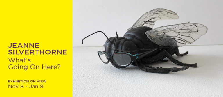 A rectangular banner with the title “Jeanne Silverthorne: What’s Going On Here?” and the exhibition dates on a yellow background in the left one-third of the image, and a color photo of a dead rubber fly wearing eyeglasses in the right two-thirds.