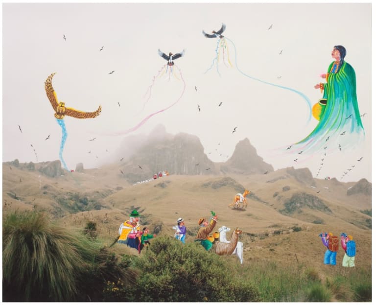 A photograph of an Andean landscape. The sky is grey and there are many birds flying throughout the image. Overlayed on the image are painted images of people in bright colors walking, and two llamas. There are three colored birds flying through the air. A female figure is depicted in the sky with braids and a flowing green robe.