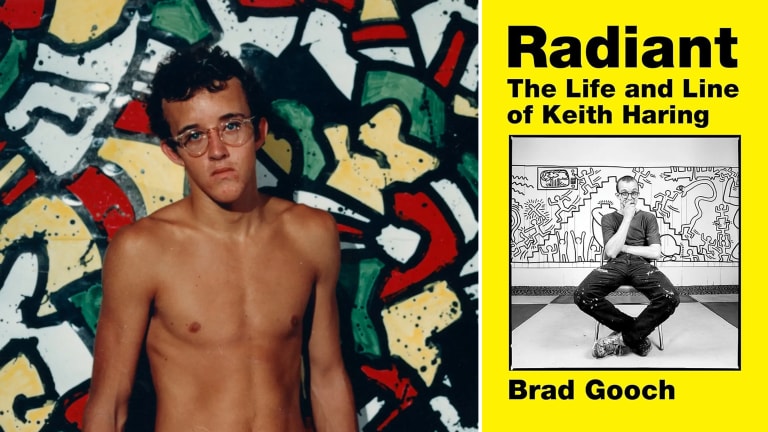 Two images, the first one of a young Keith Haring, shirtless and in front of a colorful mural. The second image is the cover of the book "Radiant: The life and line of Keith Haring, by Brad Gooch" the cover is yellow with black letters and a black and white picture of Haring sitting in a chair in front of a mural.