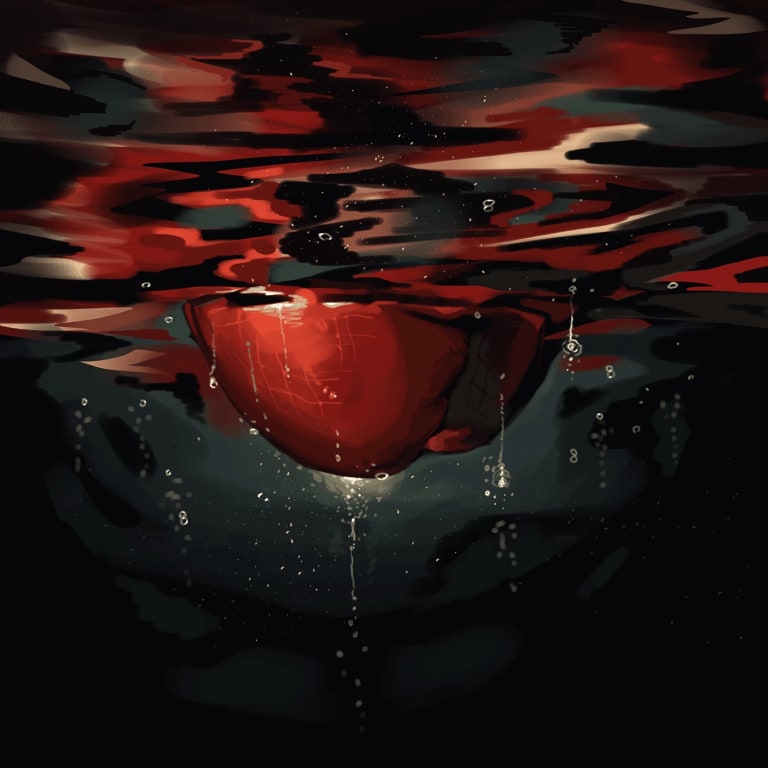 Realistic illustration of an apple half submerged, seen from below. The apple is bright red, while its surroundings are dark. There are bubbles around the apple as if it was just submerged. 