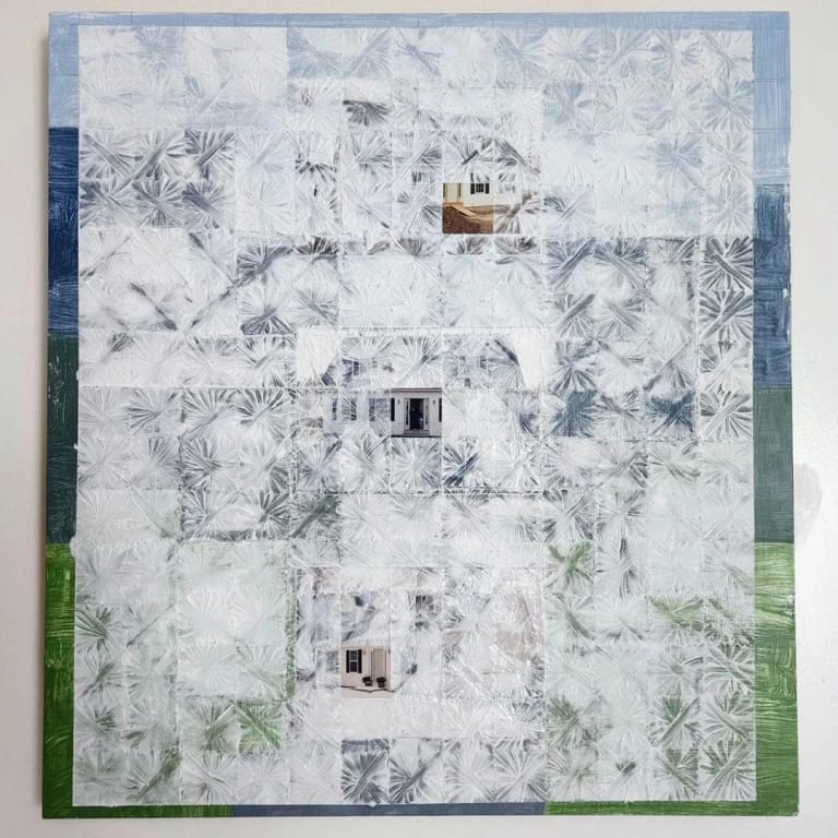 Photo of an abstract painting with a grid of white squares painted over a painting of an outdoor scene in blue and green. Each square of the grid contains a flower-like radial pattern of white brushstrokes that is slightly translucent and allows a hint of the background imagery to be seen. 