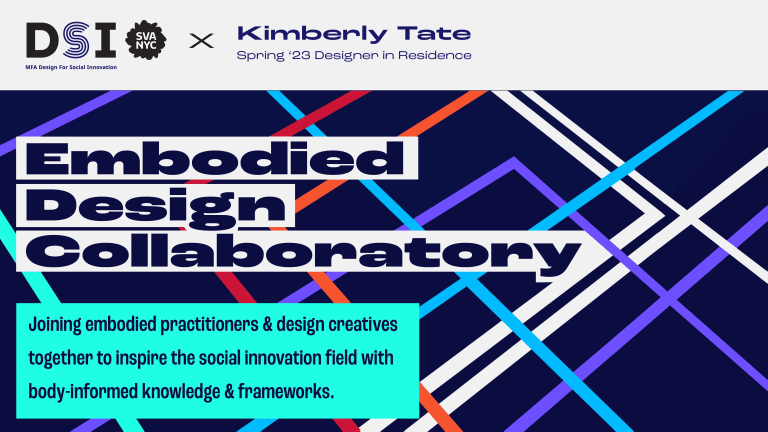 A flat color graphic with intersecting lines with superimposed text above it that reads "Embodied Design Collaboratory: Joining embodied practitioners & design creatives together to inspire the social innovation field with body-informed knowledge and frameworks."