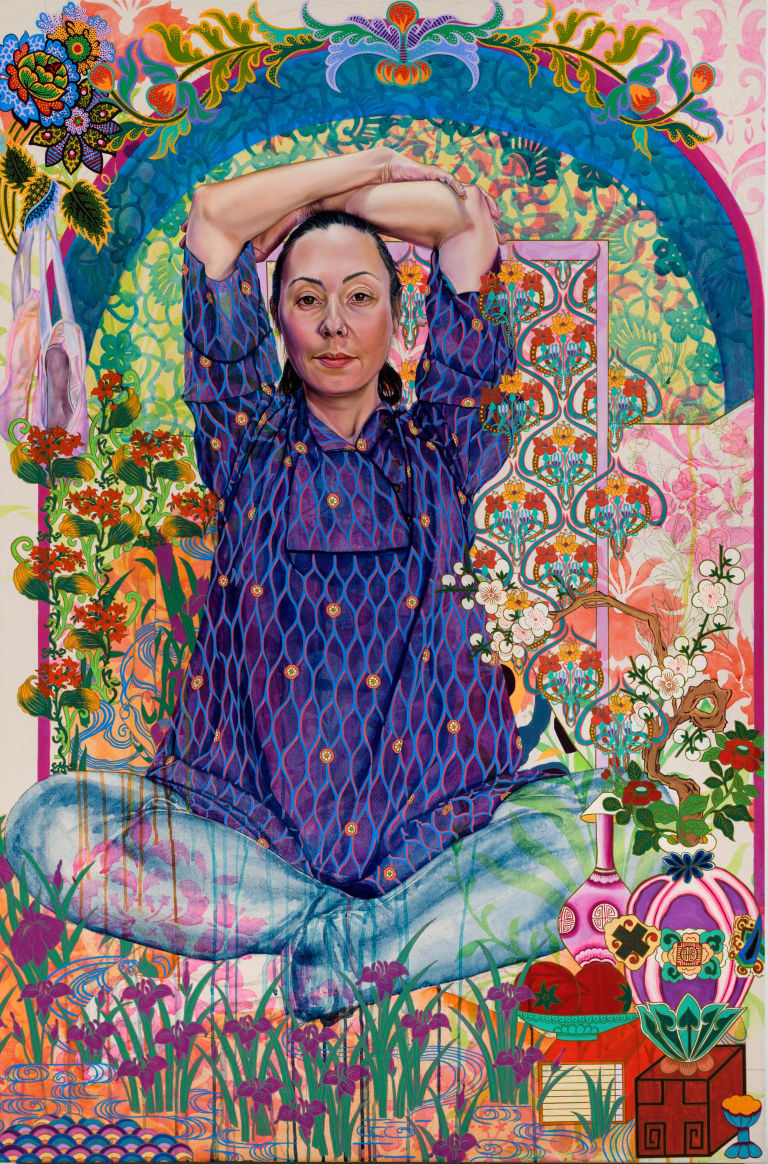A colorful painting of a woman sitting cross-legged with her arms folded over her head.