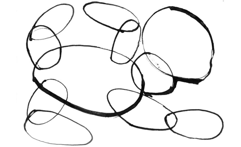 brush draeing in black ink on a white bavkgtound of several overlapping ovals of different sizes