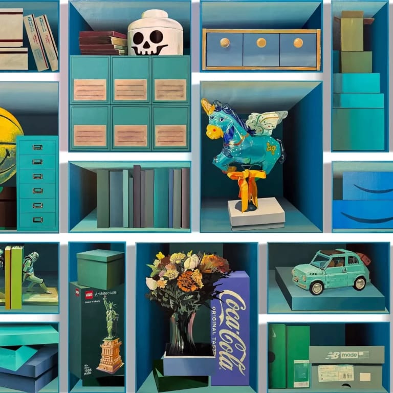 Painting of various objects on shelves. The primary color in the painting is teal.