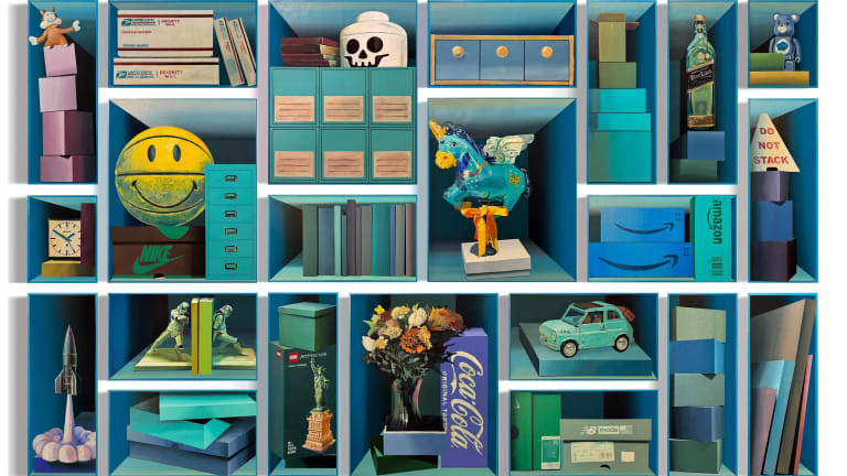 Painting of various objects on shelves. The primary color in the painting is teal.