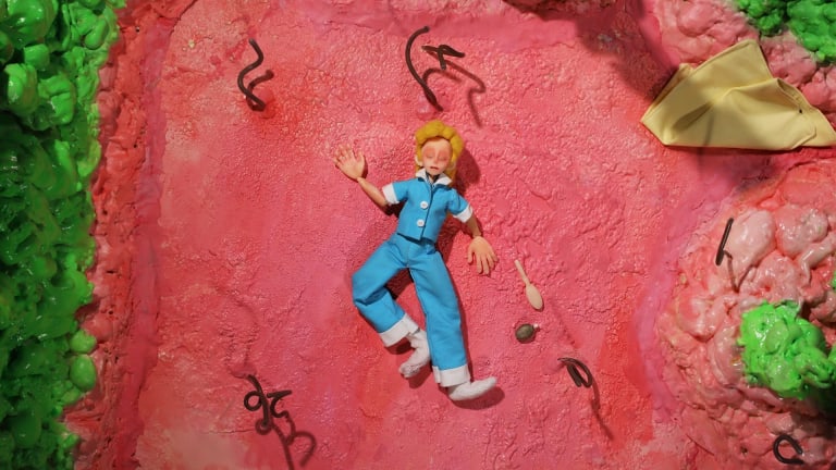 Still from a stop motion film depicting a blonde female character in blue clothes laying unconscious in a fleshy pink floor with neon green goopy substances around her and swirly hair-like things coming from the floor. 