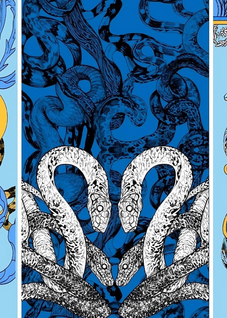 Three  unique blue and white scarf designs, highlighting diverse patterns and artistic elements in a cohesive display.