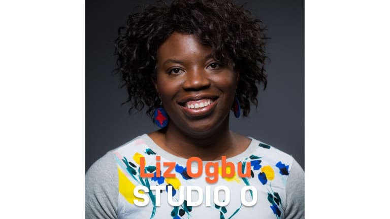 Headshot of Liz Ogbu overlaid with orange and white text reading "Liz Ogbu, Studio O"