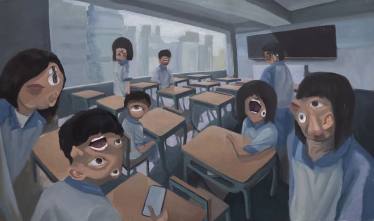 A painting by Lizhang Li. The painting depicts a classroom full of students. The students' faces are painted with disfigured facial features. The eyes, nose, and mouths are all misplaced on the heads in a random assortment. In the background is a window that looks out onto the city.