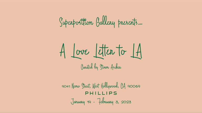 An exhibition flyer for "A Love Letter to L.A" in green cursive letters on a peach background