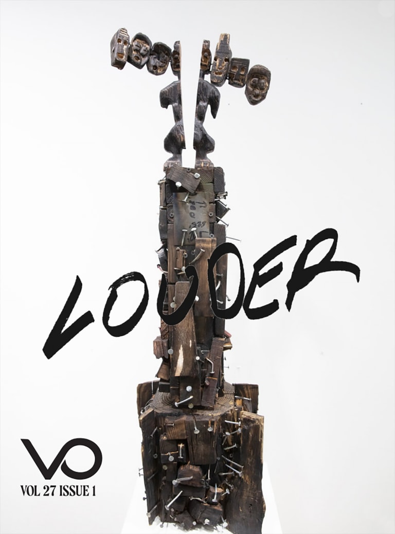 Front cover of SVA's student publication "Visual Opinion Vol 27 Issue 1: Louder." It is white with a photo of a tall, narrow sculpture made of dark wood and nails