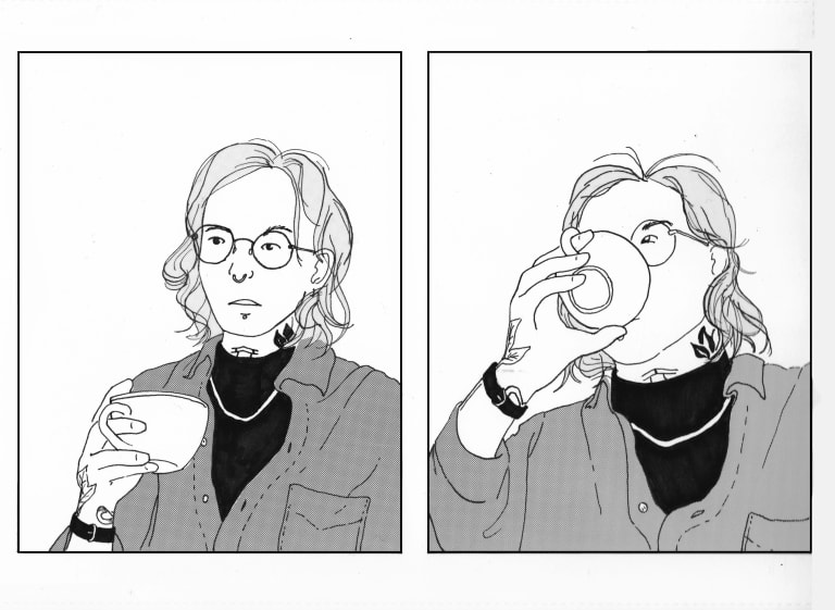Black and white image of pen and ink self-portrait of the barista using screen tones.