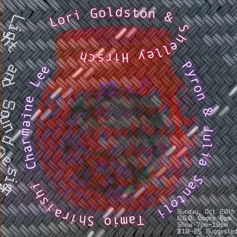 event invitation card with performers’ names displayed in a loose circle over a basket weave pattern with a red vaselike shape surrounded by gray