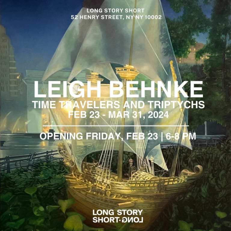 A square exhibition announcement card with the artist, title, and gallery information in white sans-serif block text over a painting of a ghosty yellow schooner sitting in a bed of lush green foliage, with a modern city in the distance across a river.  The time is late evening and the sky is dark blue.