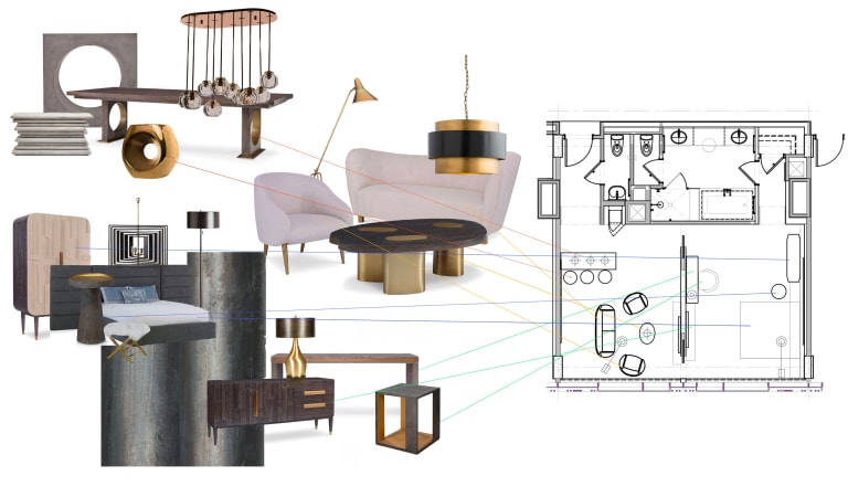 Layout plan with various elements of the interior like couch, chair and table featured on the left side. 