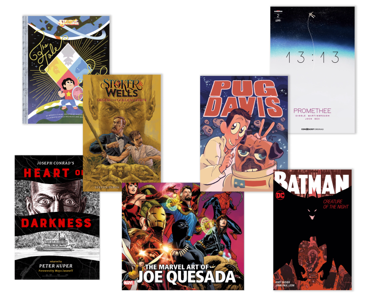 The cover of seven graphic novels made by SVA alumni. From top left: Steven Universe: The Tale of Steven written by Rebecca Sugar, Joseph Conrad’s Heart of Darkness adapted by Peter Kuper, Stoker & Wells: Order of the Golden Dawn illustrated by Barry Orkin, The Marvel Art of Joe Quesada by Joe Quesada, Pug Davis written by Rebecca Sugar, Promethee 13:13 illustrated by Shawn Martinbrough, Batman: Creature of the Night illustrated by John Paul Leon.