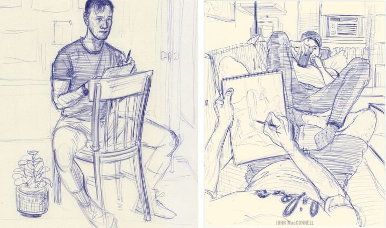 Left: A sketch of a man sitting on a chair drawing. Right: Another sketch of two people laying on a couch, with one person sketching the other person.