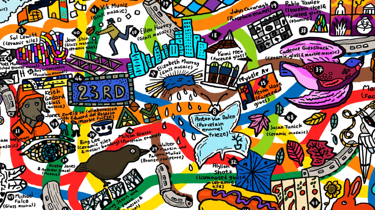 Here is a colorful, cartoon subway map, illustrating public art located at the subway stations.