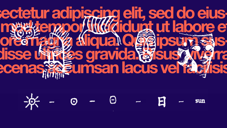 lorem ipsum text in orange on a blue background with white line drawings