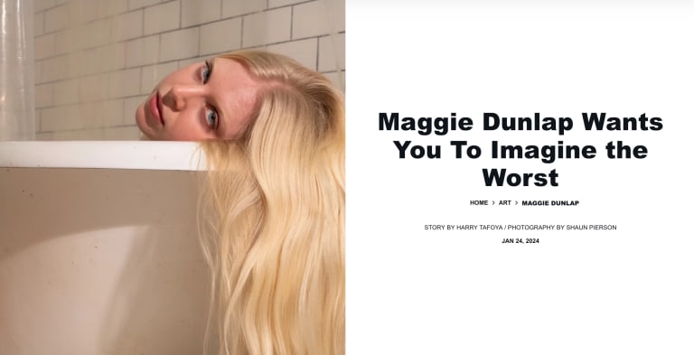 screenshot showing the title “Maggie Dunlap Wants You to Imagine the Worst” in black block letters on white at to the right, and on the left a white bathtub viewed at eye level, with a blonde woman resting her head on the tub edge and looking at us. Her straight hair hangs down over the tub’s edge at the right of the image.