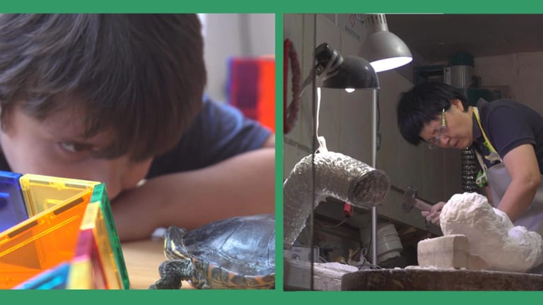 2 images: a boy looks at his pet turtle and a woman carves a large stone with a chisel