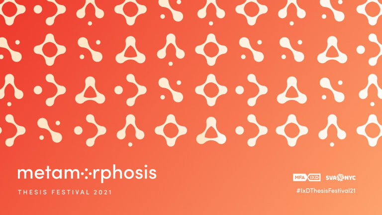 Metamorphosis, the 2021 MFA Interaction Design Thesis Festival at SVA, in white text over a bright orange background covered with a grid of blob-like organic shapes.