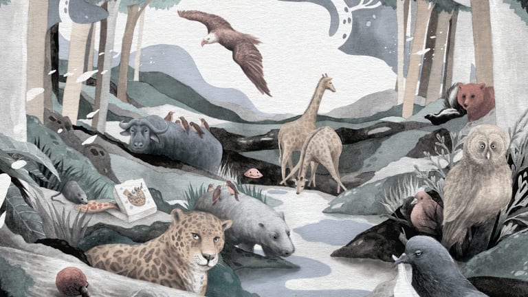 A watercolor painting of animals from various parts of the world are shown in a forest setting, most looking toward the viewer, as various signs of humanity encroach, including a plastic bag in a pigeon's beak and a rat eating pizza.