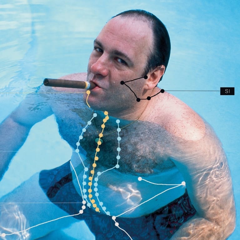 A photograph of a man smoking a cigar in a swimming pool. The photograph has been altered with dotted lines and cryptic notations.