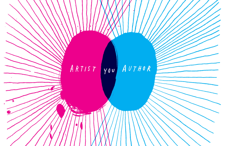 A Venn diagram describing an MFA Visual Narrative student: the left pink circle says "Artist," the blue right circle says "Author," the middle overlapping section says "You"
