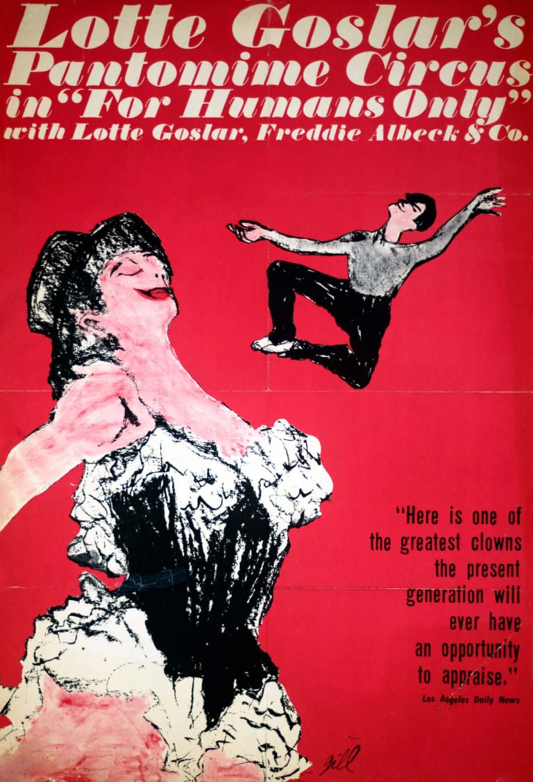 Bright red poster depicting illustrations of a female cabaret dancer and a man. Large white text on top of the image reads "Lotte Goslar's Pantomime Circus in for humans only, with Lotte Goslar, Freddie Albeck & Co" 