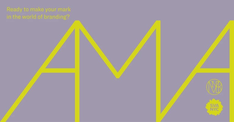 Purple background with yellow text reading 'ready to make your mark in the world of branding? AMA'