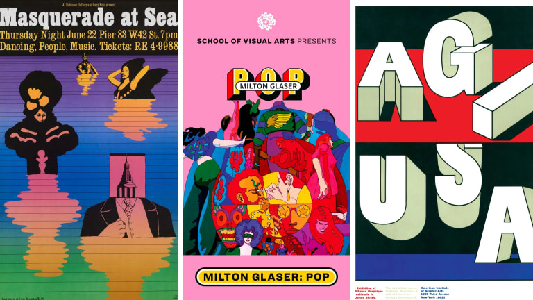 A triptych of posters, a blue and green psychedelic background with surreal images on top, a pink poster with colorful groovy dancers and bystanders and a black, red, blue and white poster with the words AGI, USA written on them.