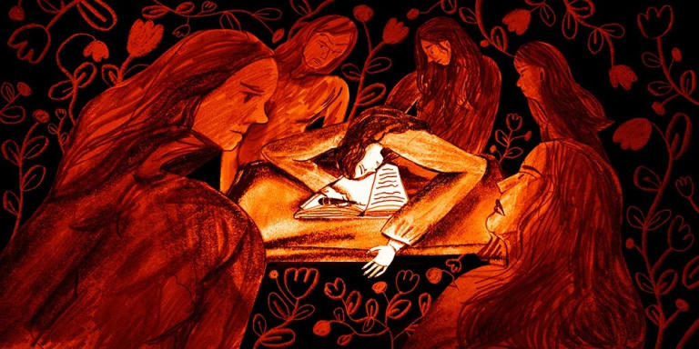  Painting of a woman sitting at a desk surrounded by other women looking at her by Anjali Kamat, MFA Illustration as a Visual Essay. The woman is writing in a diary. The background is black, filled with orange flowers. 