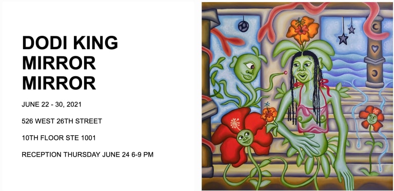 On the left is the title and infromation for the art exhibition Mirror Mirror by artist Dodi King; on the right is a painting a green plant-woman surrounded by anthropomorphic plants, painted in a cartoonlike style