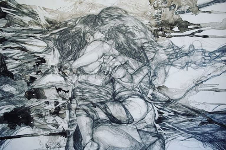 An ink and pencil drawing that at first glance looks like a jumble of lines, but actually reveals the shape of people all tangled up