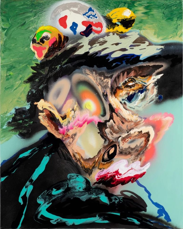 A painting by Minseok Kang showing an abstract figure painted in a mix of bright colors.