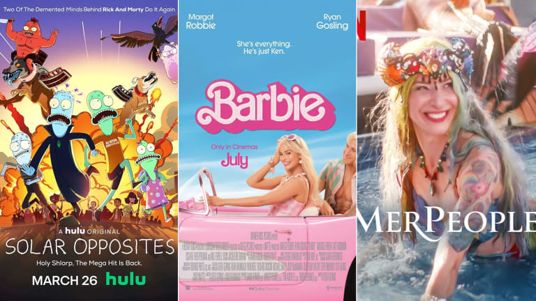 Three movie posters. First one is for "Solar Opposites" and depicts animated alien characters running from an explosion. Second one is for "Barbie" and depicts a blonde woman driving a pink car and smiling at the camera. Third one is for "Merpeople" and it depicts a woman with colorful hair, flowers in her hair and tattoos smiling while sitting in a swimming pool.