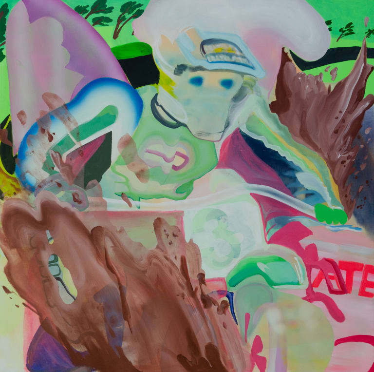 A semi-abstract painting of a motocross bike racer heading toward you' The rider is light green with touches of blue, and the surroundings are brown, purple, and pink.