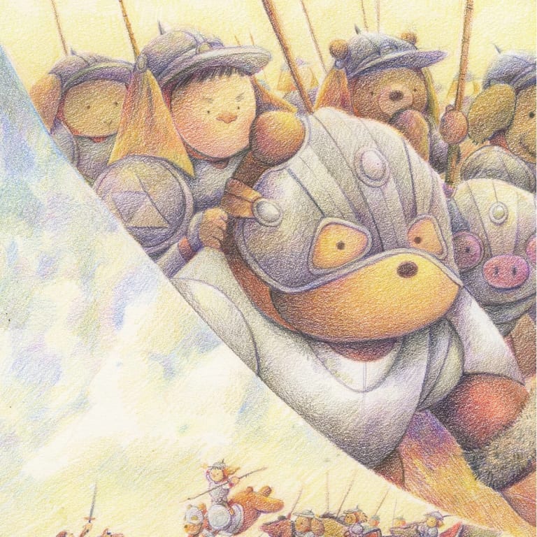 Color pencil illustration of children mounting on teddy bears like horses, all wearing armor and preparing for battle. 