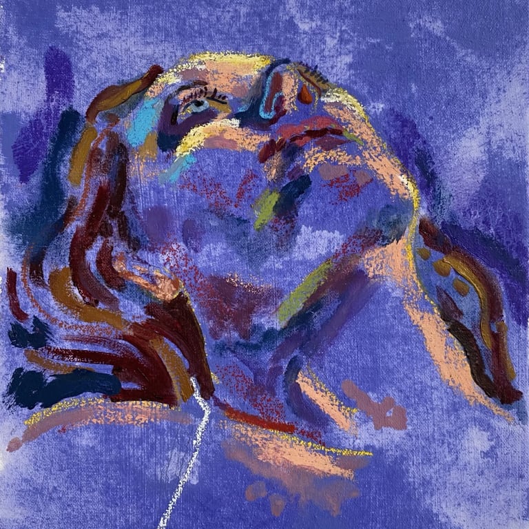A painting that captures a figure laying down against a rich purple backdrop, rendered with bold colors and simplified lines.  