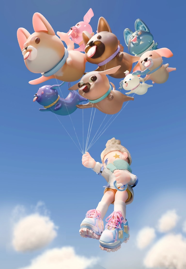 A 3D render of a boy flying in the sky, carried by a bunch of dog-shaped balloons. 