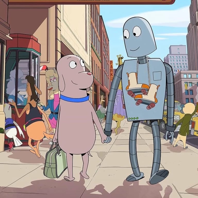 A dog and a robot walk down a crowded New York City street, the words 'Robot Dream's above their heads on the movie marquee. 